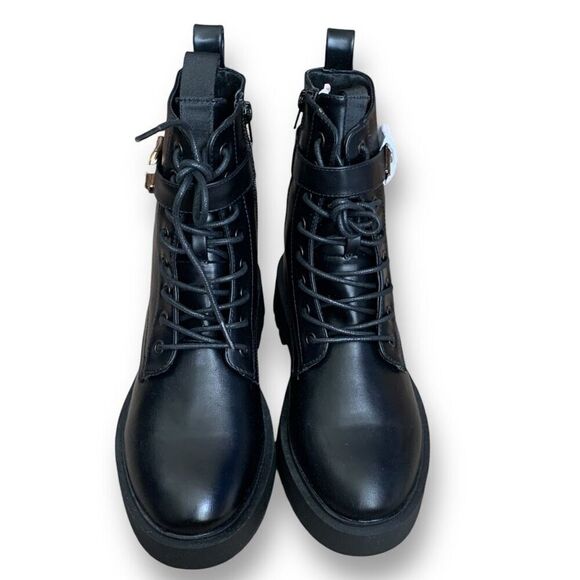 ASOS Design Ali Boots Black Wide Fit Chunky Lace Up  Ankle Buckle Detail 7 - Picture 5 of 12